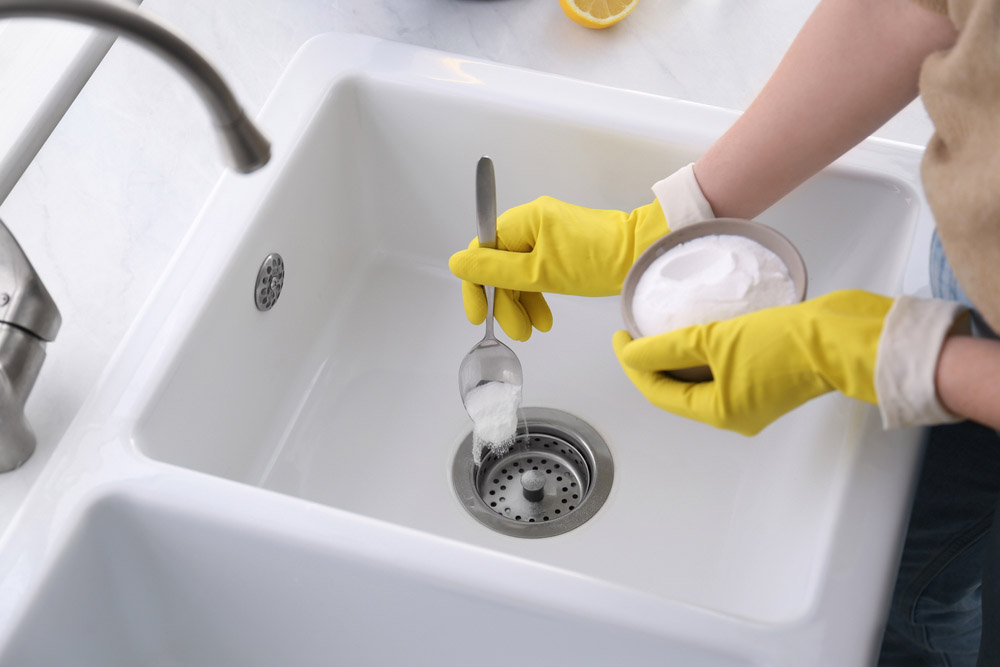 a person using baking soda to unclog sink drain